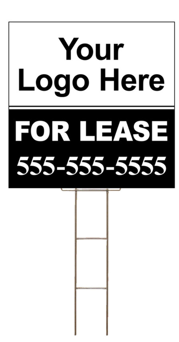 For Lease Sign and Wire Stake Unit with area for Custom Logo, 24h x 24w, 4mm Corrugated Plastic